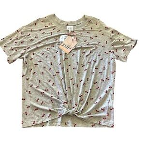 Belle Du Jour Short Sleeve Cherry Twist Front T-Shirt - Womens Size Small Gray